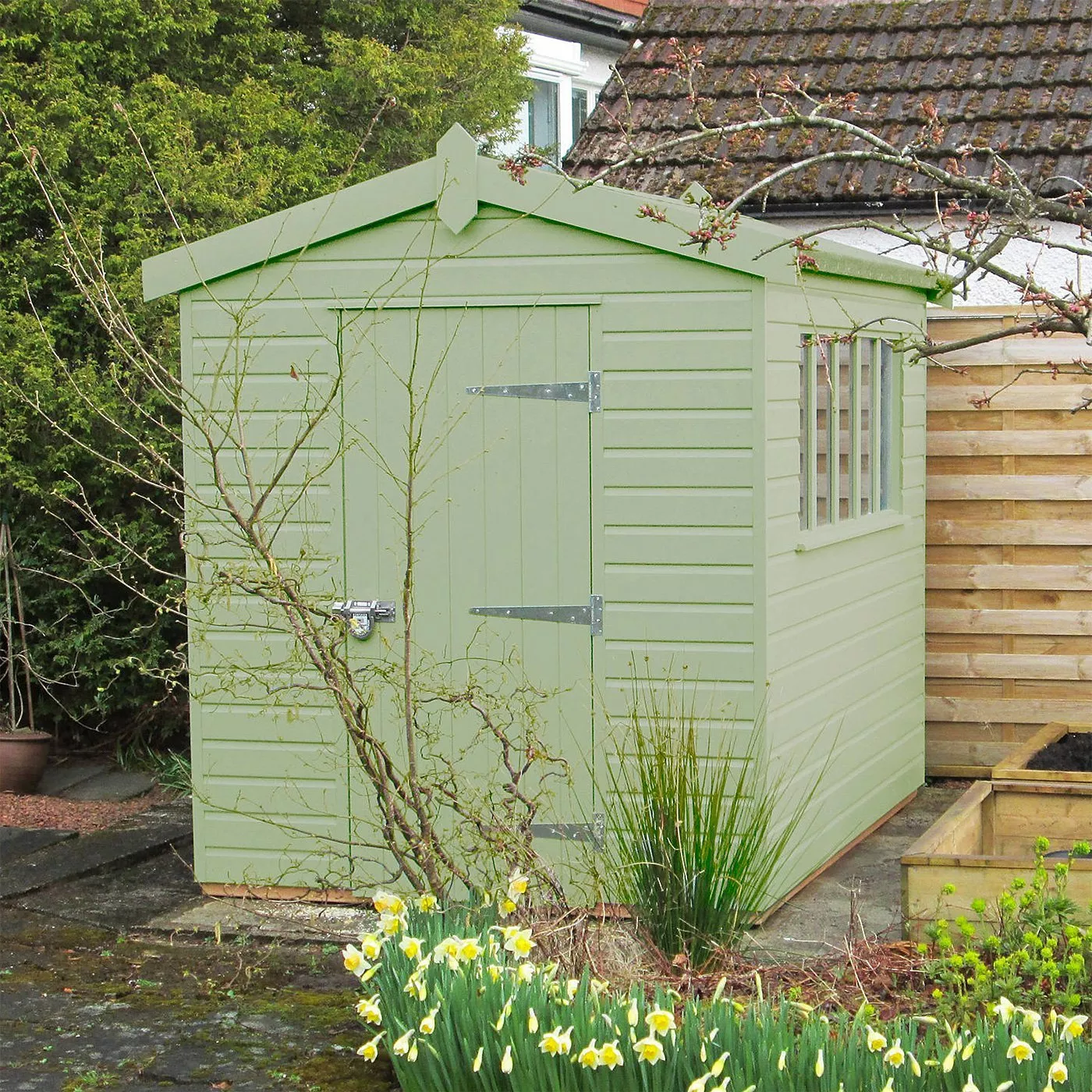 Light green wooden garden shed with window and double doors, set in a UK backyard with plants and fencing