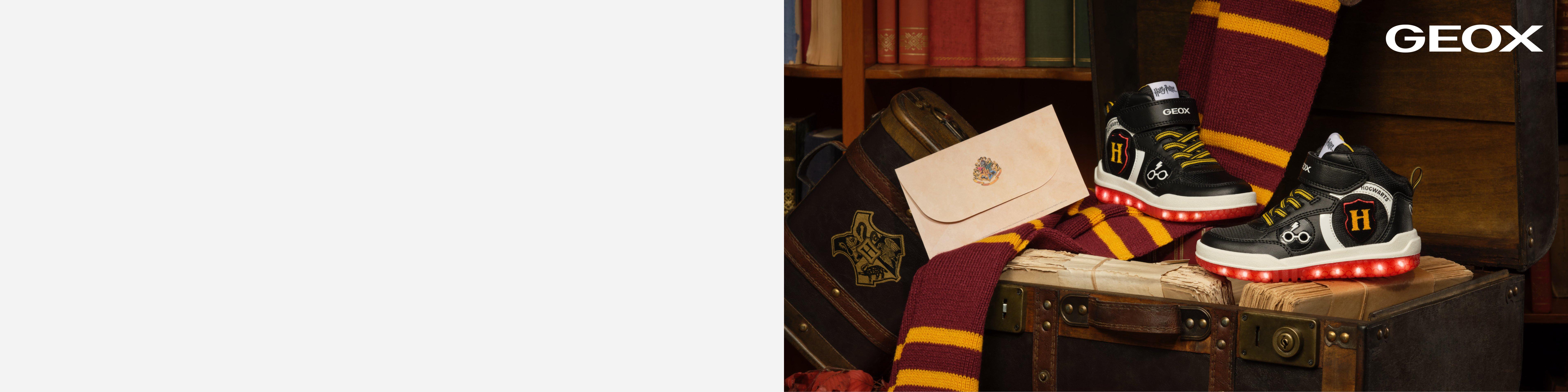 Harry potter themed sneakers on a pile of books with a hogwarts scarf