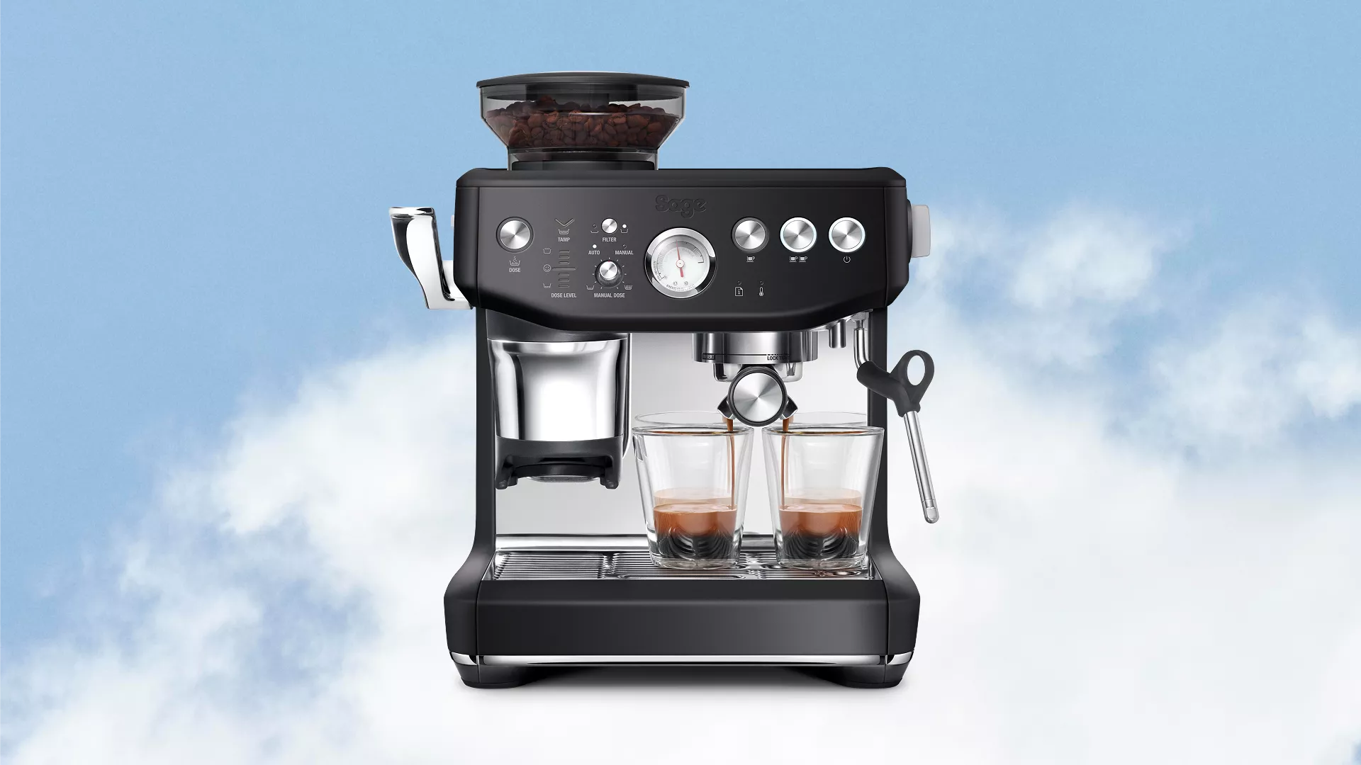 Sage espresso coffee machine with built-in grinder brewing two shots into glasses, with steam wand and pressure gauge