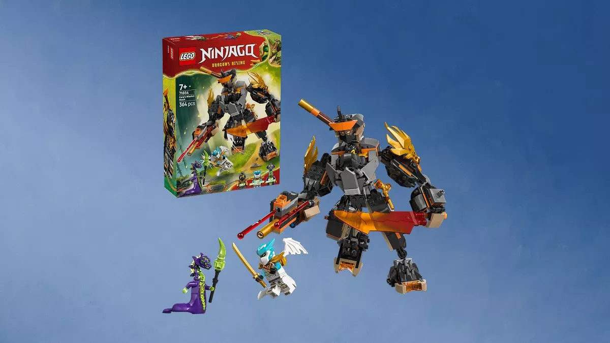 LEGO Ninjago set featuring a mechanical dragon, warrior figures, and box against a blue background.