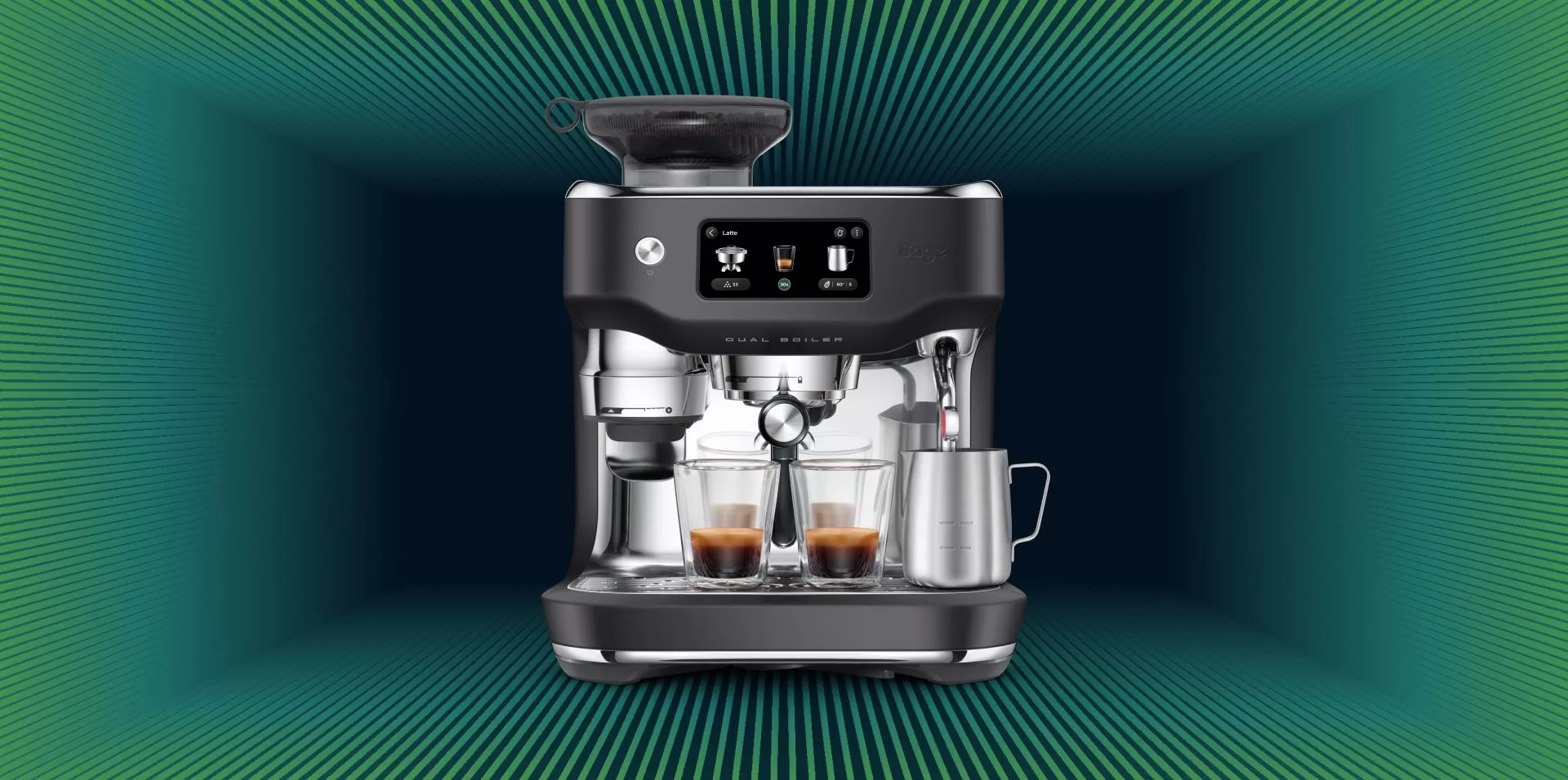 Sage coffee machine in black, on a festive green background