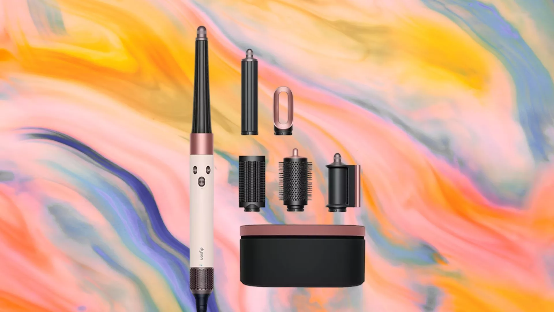 Styling tool with multiple attachments displayed on vibrant, abstract background of swirling colours.