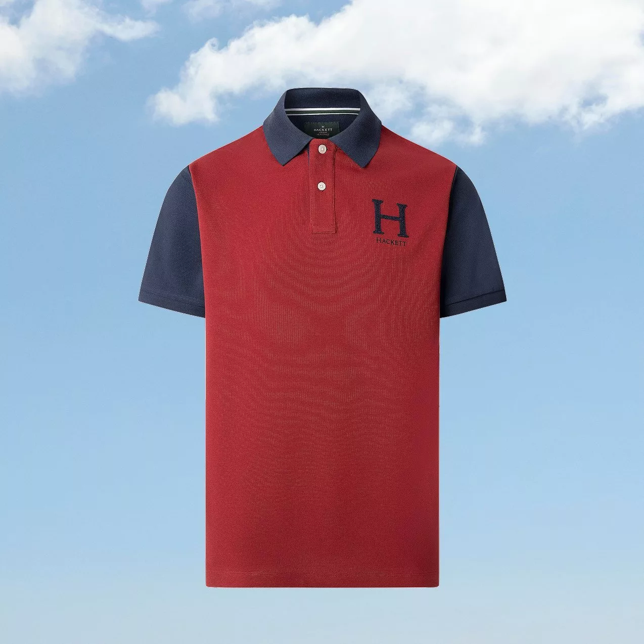Hackett red polo shirt with navy collar and sleeves, embroidered H logo, short-sleeve cotton pique top