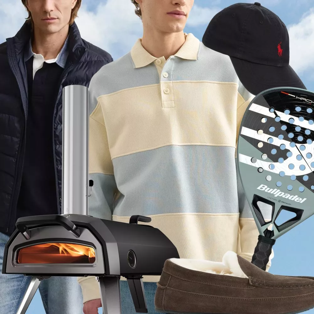 Men’s fashion collage with polo and jacket, plus cap, padel racket, pizza oven, and slipper shoe on sky background