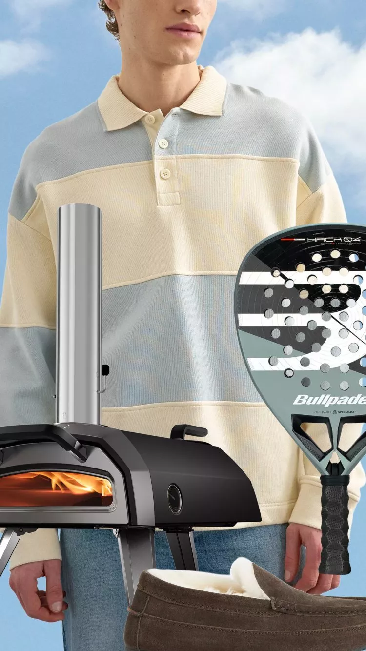Young man in striped polo with outdoor pizza oven, Bullpadel padel racket and cosy suede slippers on display