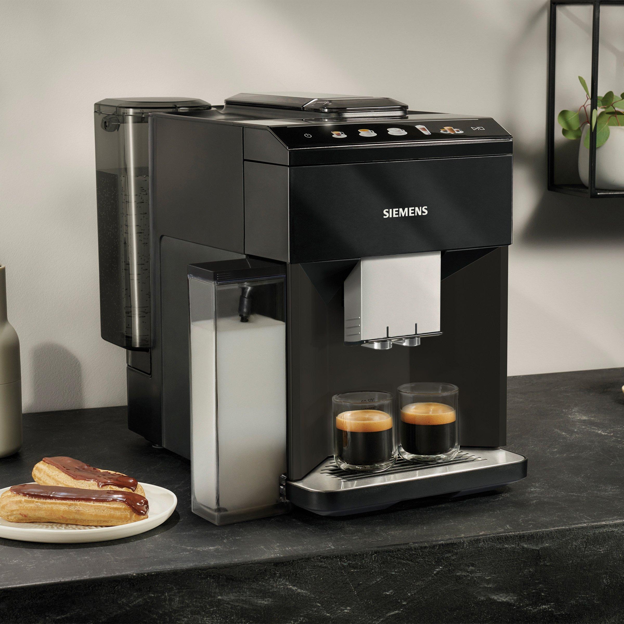 Black Siemens TQ515GB9 Coffee Machine in black, on kitchen counter making two coffees