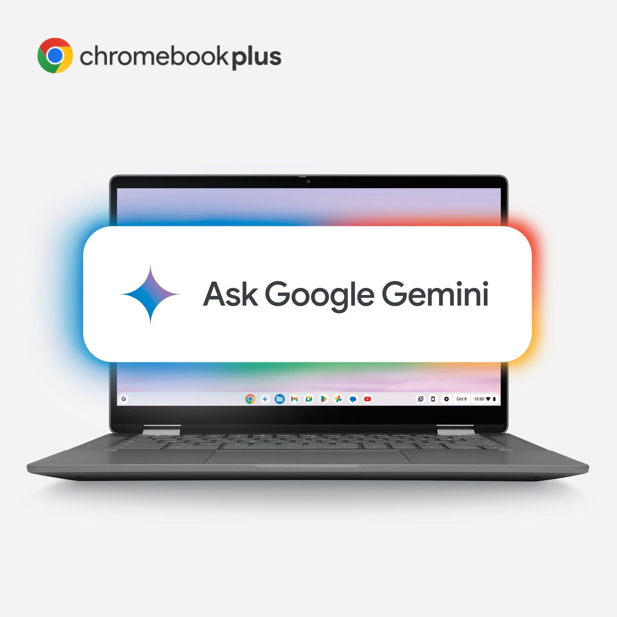 Chromebook Plus laptop with a prompt saying “Ask Google Gemini” on the screen.