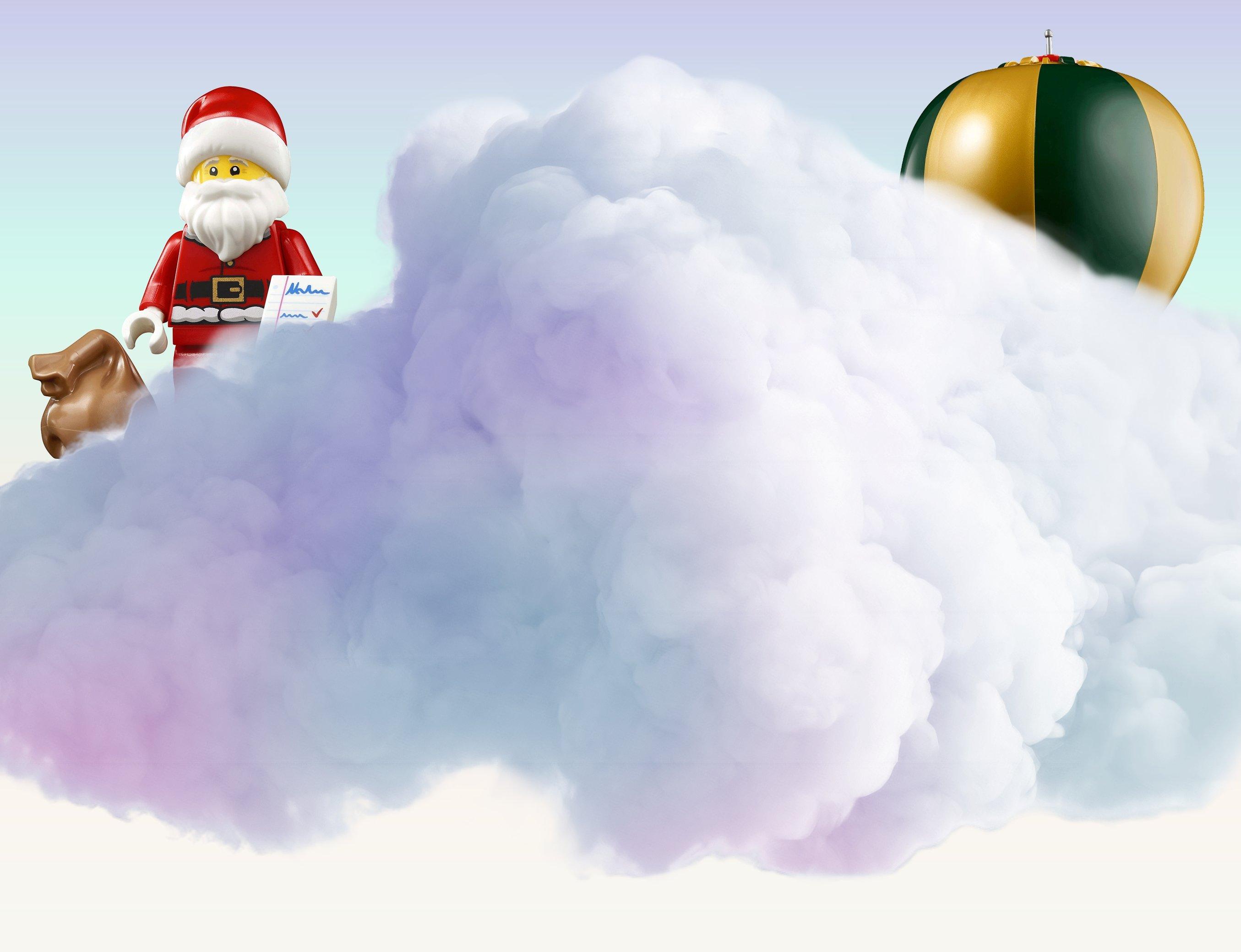 A lilac, blue and pink gradient cloud surrounded by a LEGO hot air balloon and a LEGO Santa character