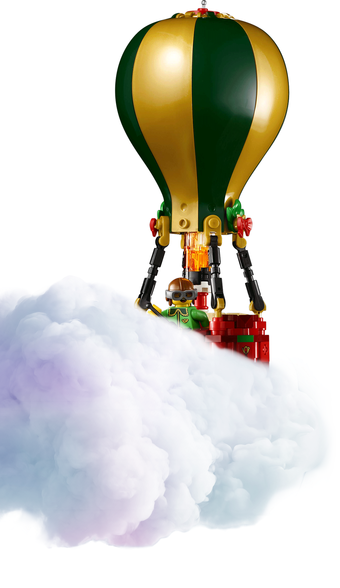 Lego hot air balloon behind a graident lilac, pink and blue cloud