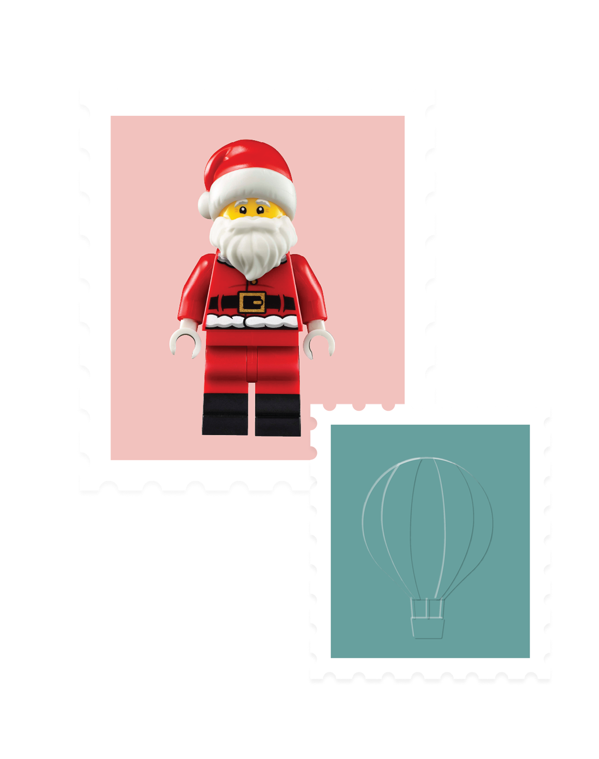 Christmas postal stamps with a LEGO Santa and a Hot Air Balloon
