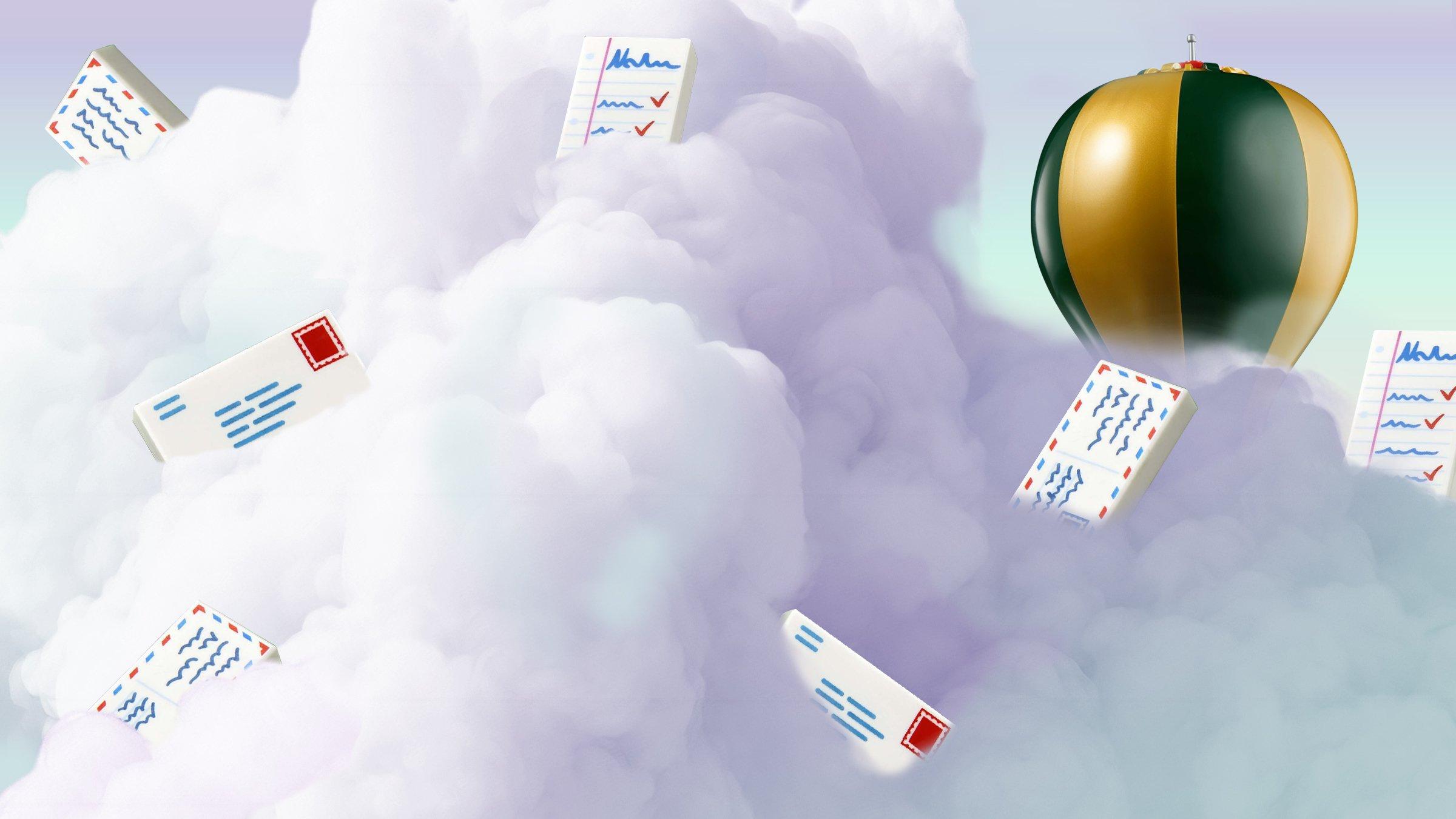 Lego letters in a graident blue, lilac and pink cloud