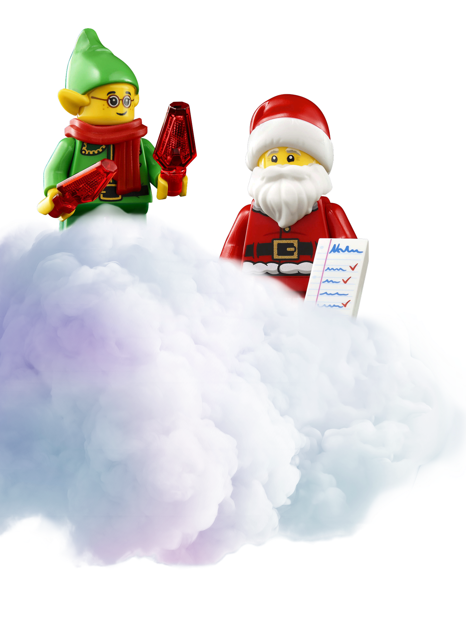 LEGO elf and Santa on a cloud