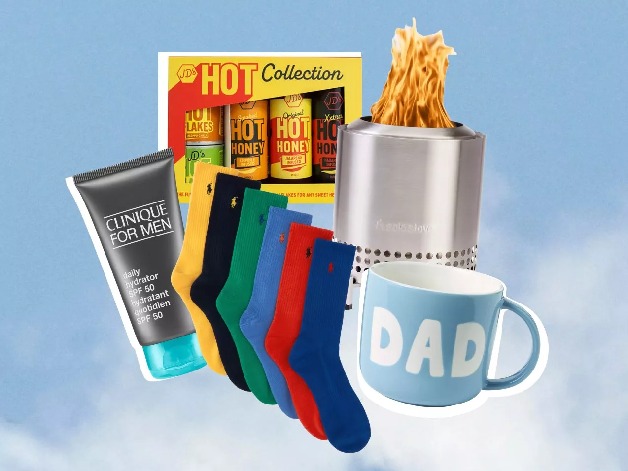 Father’s Day gift bundle with hot sauce set, Solo Stove, dad mug, colourful socks and Clinique Men moisturiser.