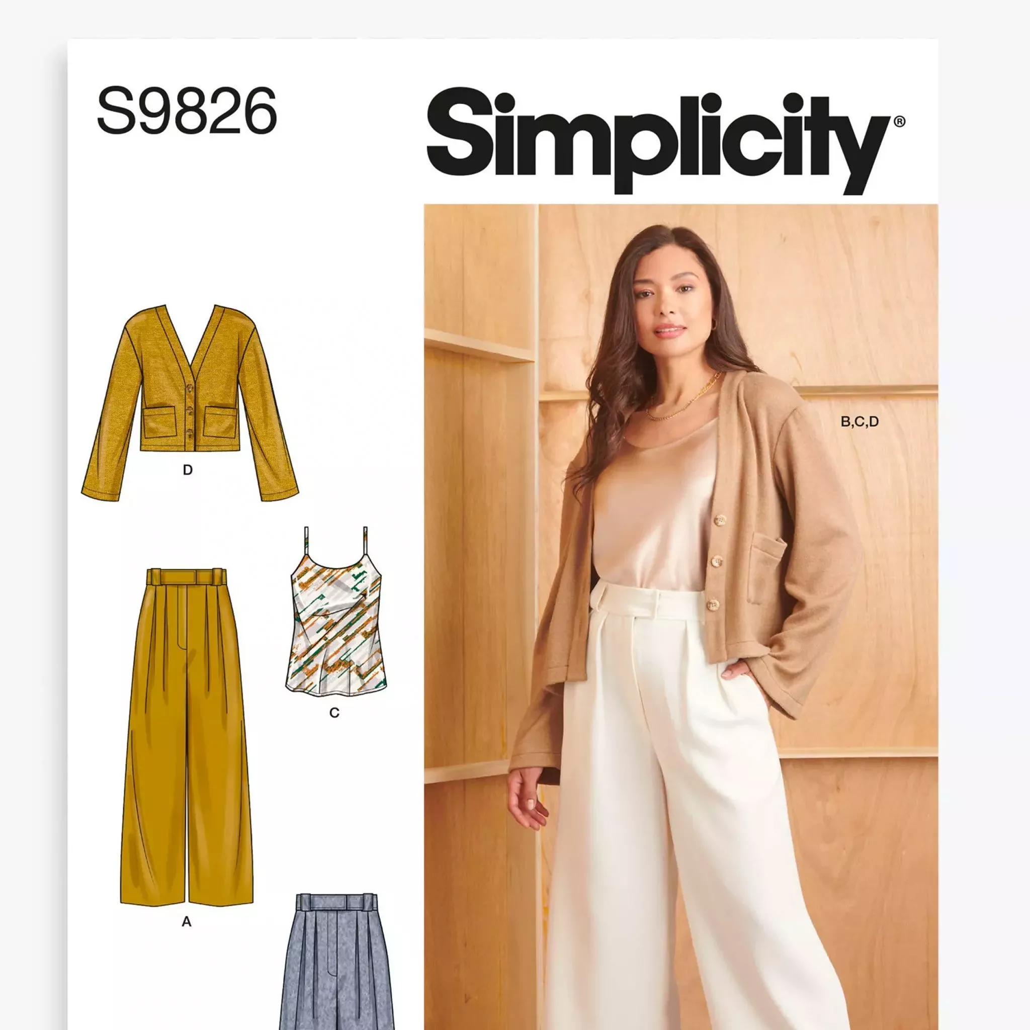 Sewing pattern for a cardigan, vest top and two tailored trousers, featuring a woman wearing an example of them 