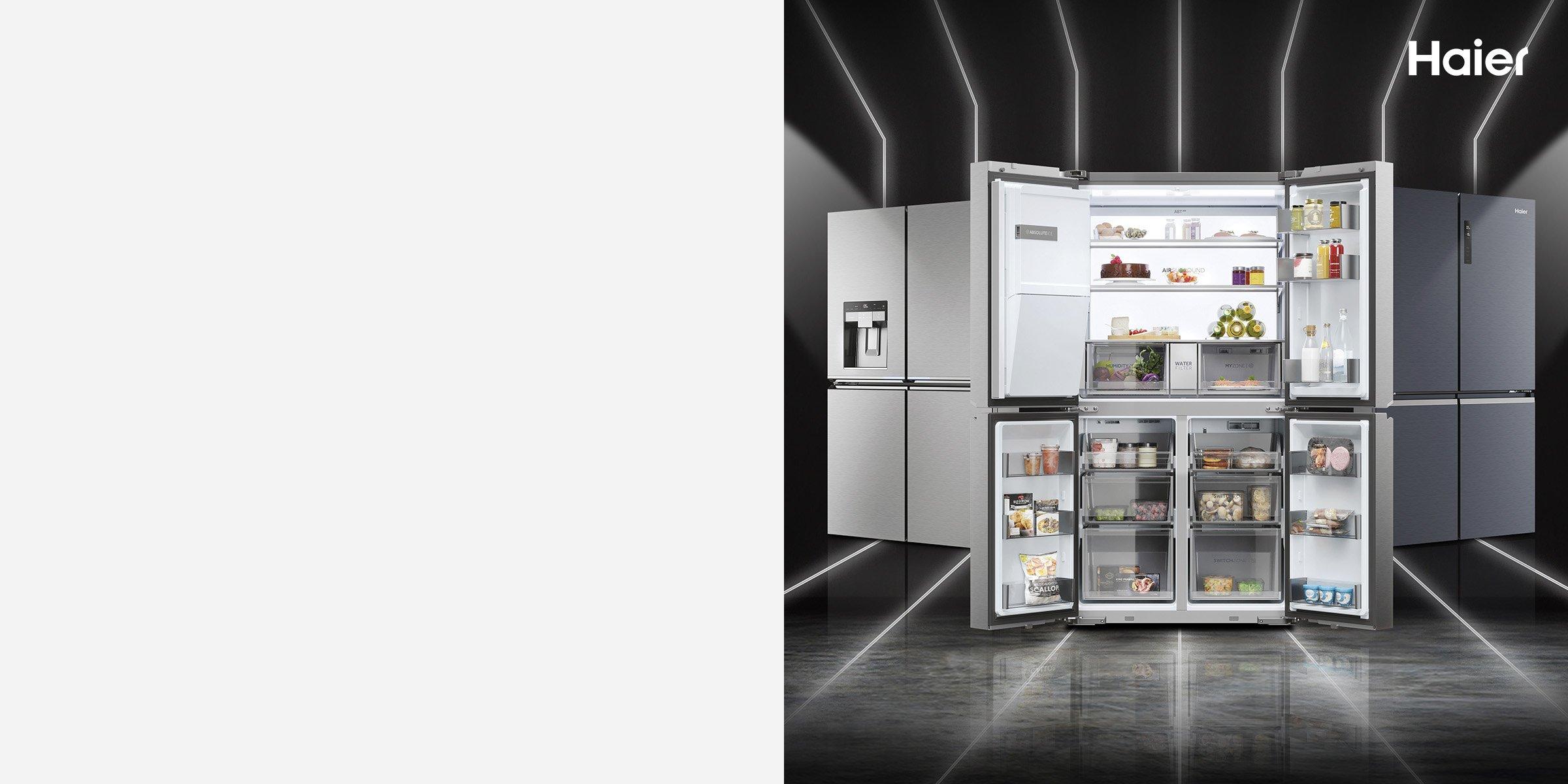 Haier multi-door open refrigerator a well-organized and fully stocked with various compartments for different types of food and beverages