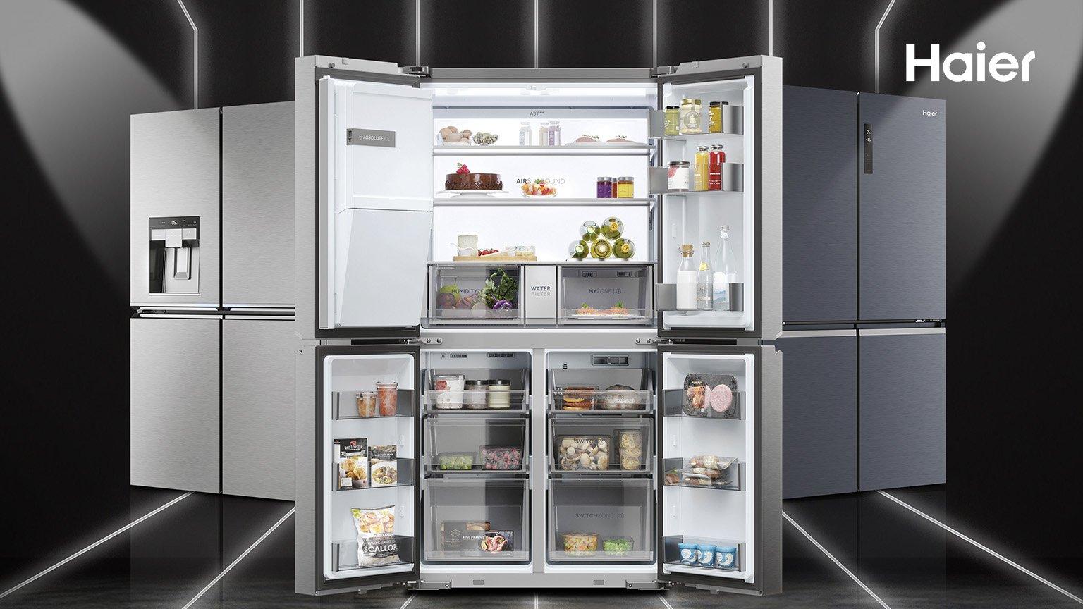 Haier multi-door open refrigerator a well-organized and fully stocked with various compartments for different types of food and beverages