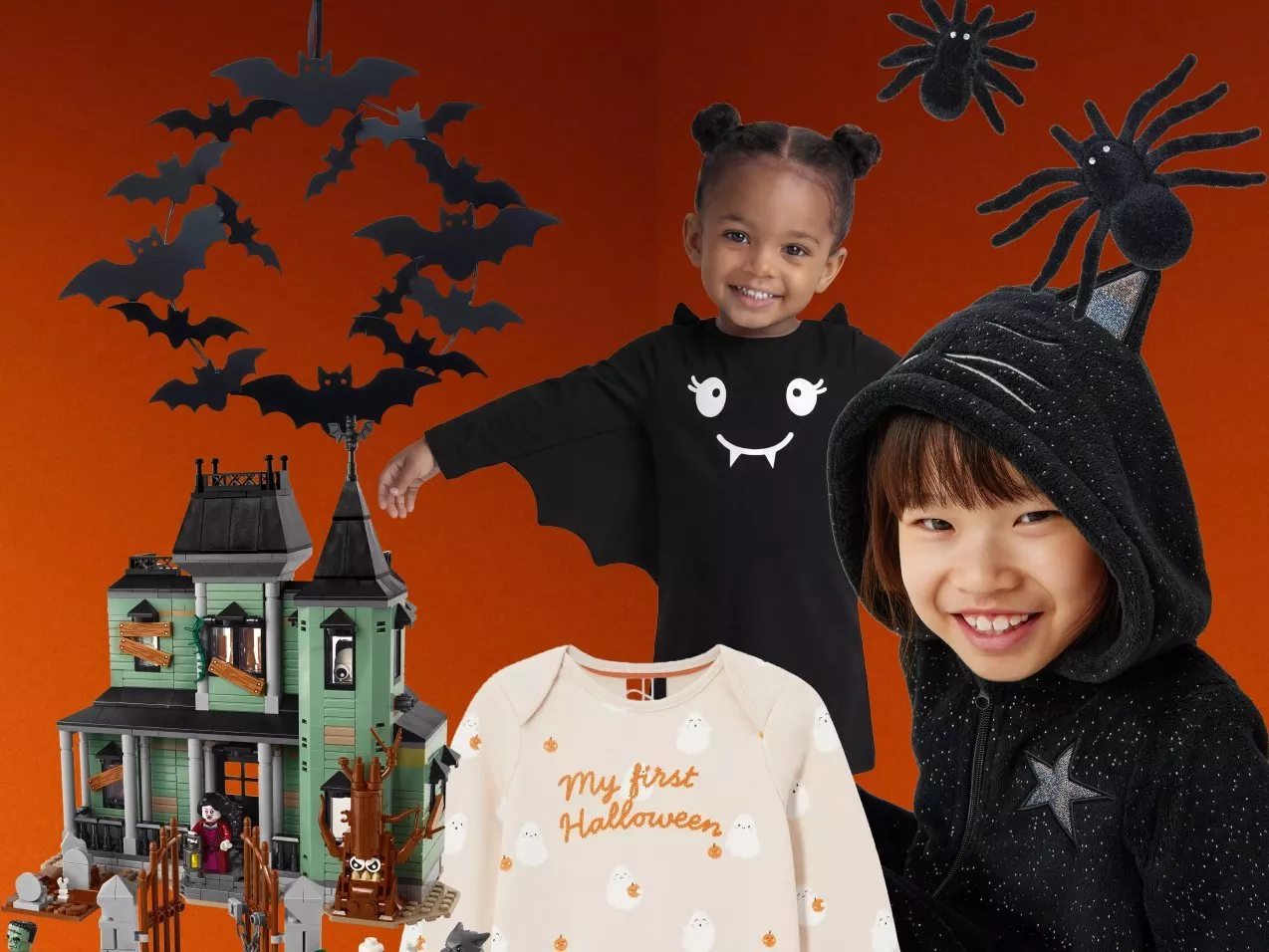 Halloween kids costumes and decorations with bats, spiders, haunted house set, and baby “My first Halloween” top