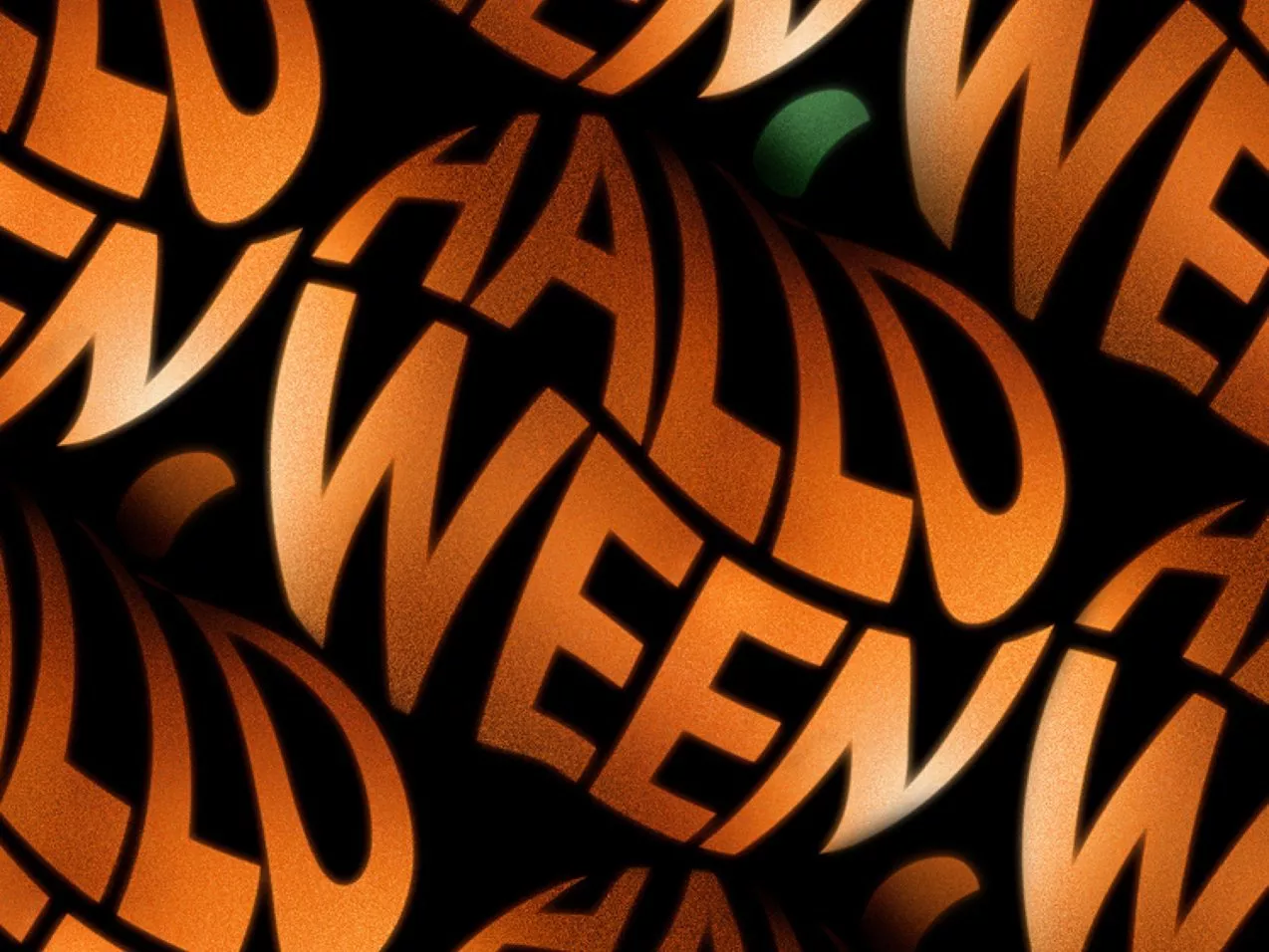 Abstract Halloween graphic with bold orange “Halloween” text pattern on black background, festive seasonal design
