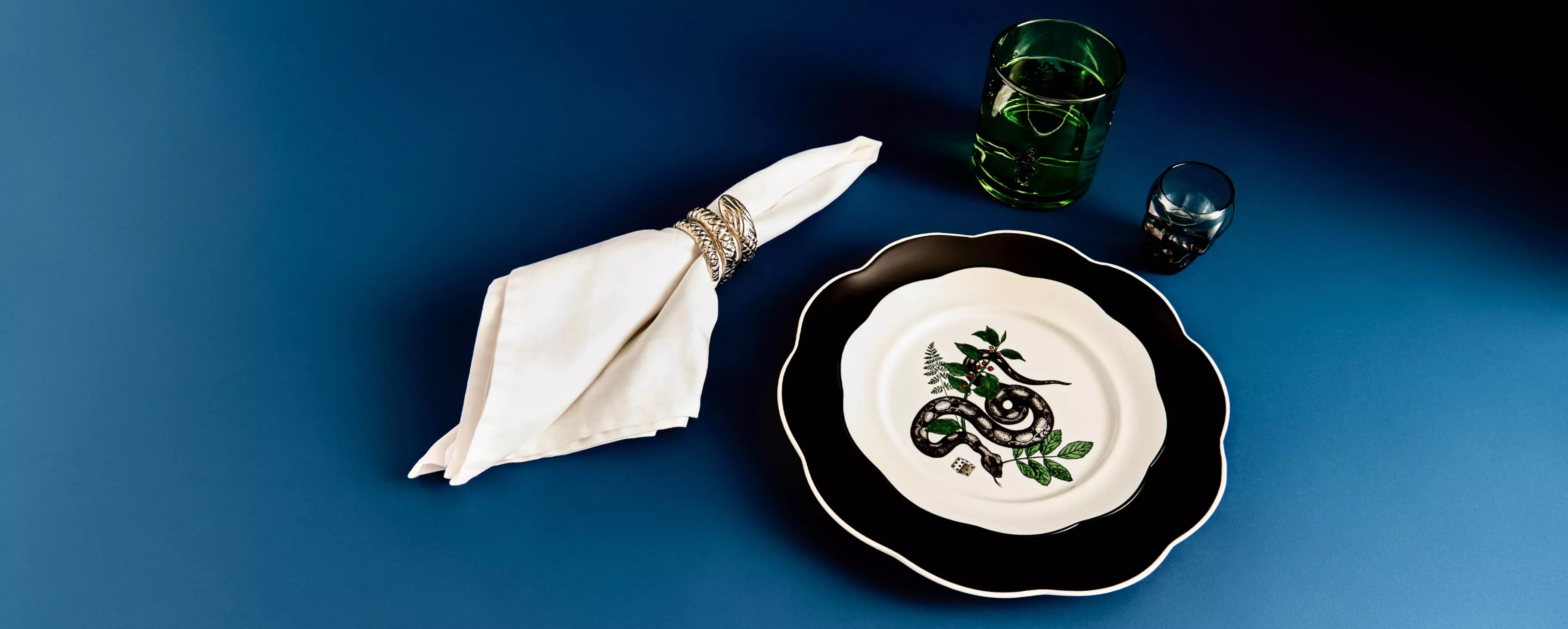 Snake motif plate, white napkin ring and green glass tumbler on blue background