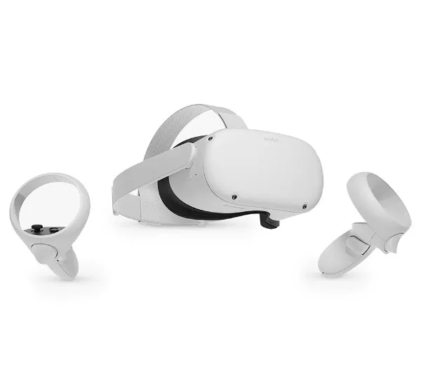White VR headset and two controllers on a white background, showcasing Oculus Quest design and features.