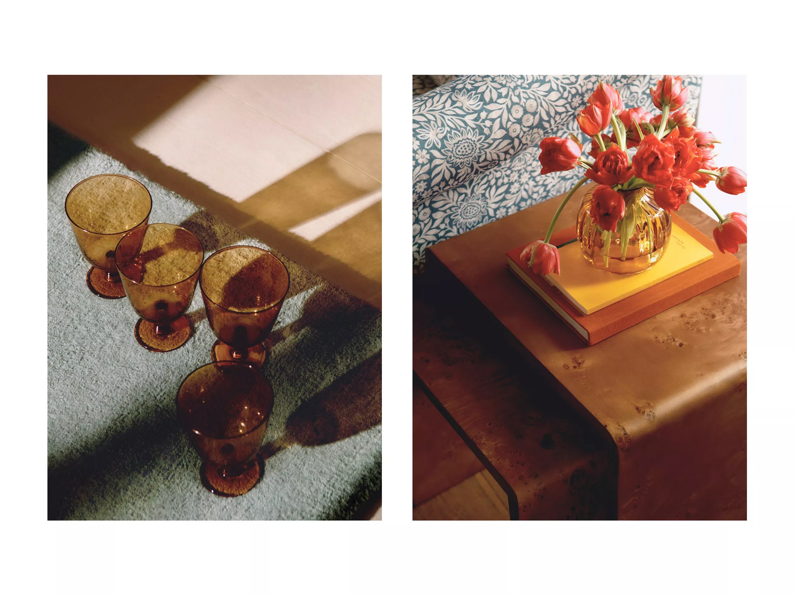 Left image: Four amber glasses casting shadows on a blue surface. Right image: Red tulips in a vase on books.