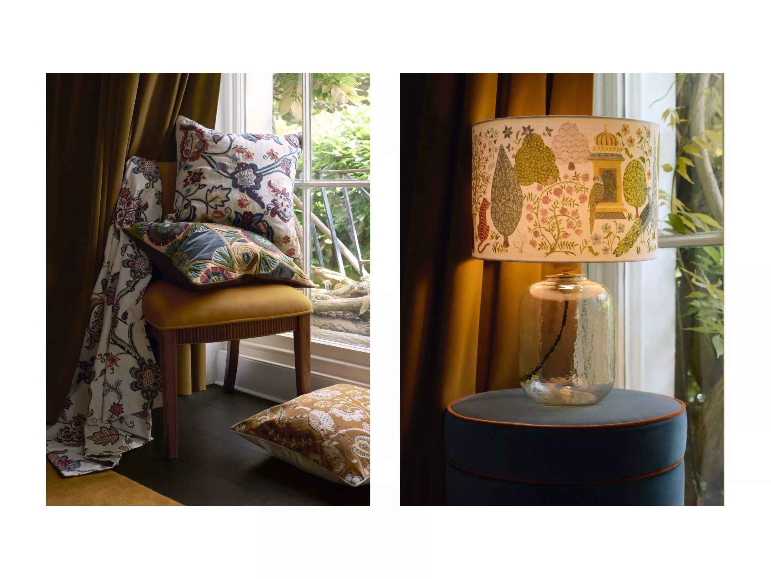 Floral patterned cushions on a chair, mustard curtains and decorative table lamp by a window