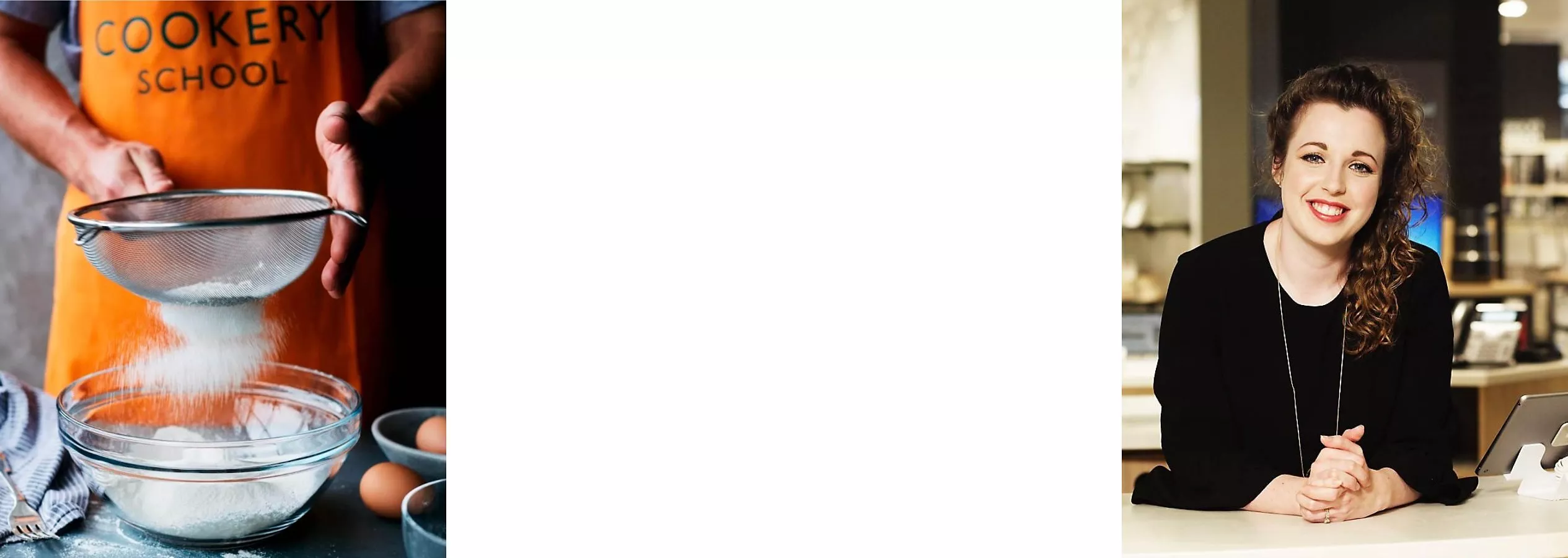 A person in an orange apron sifts flour into a bowl. Another person smiles, leaning on a counter indoors.