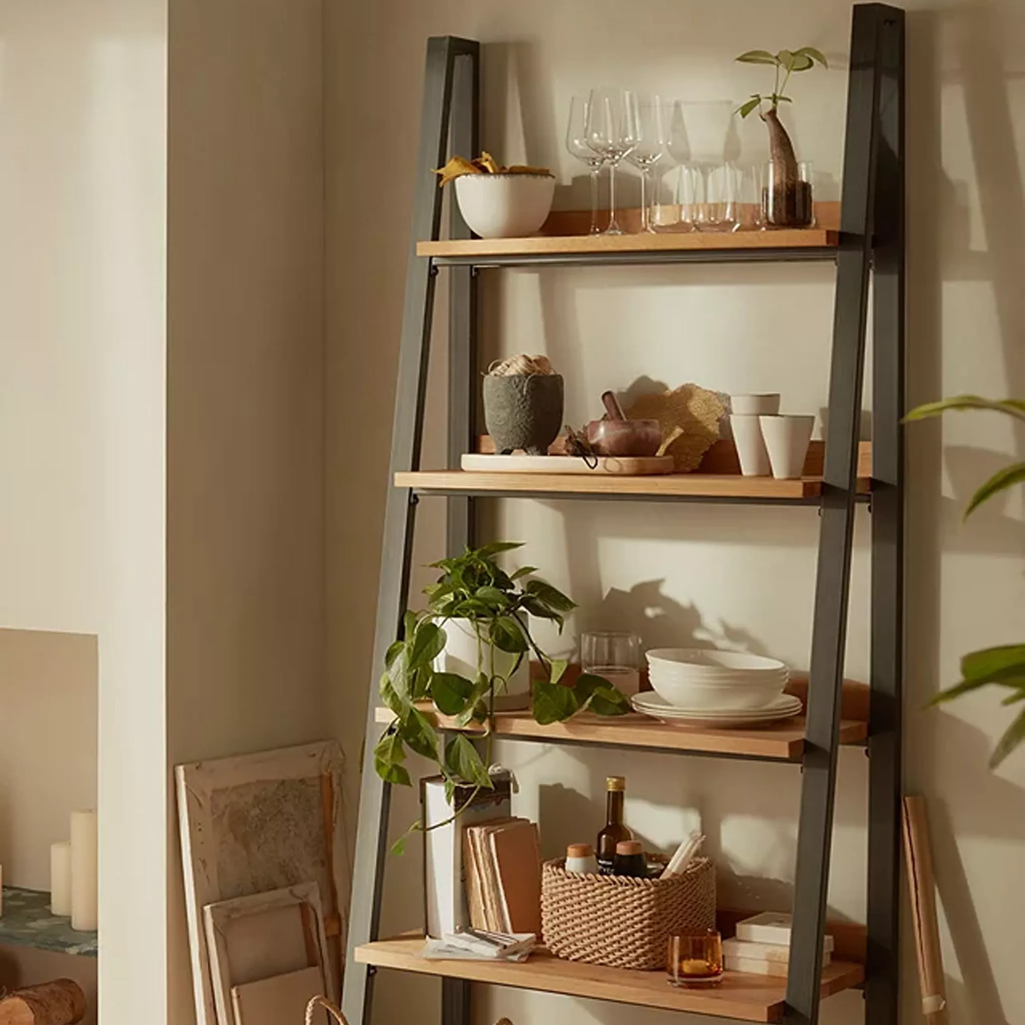 Ladder shelving with plants, wine glasses and bowls on it 