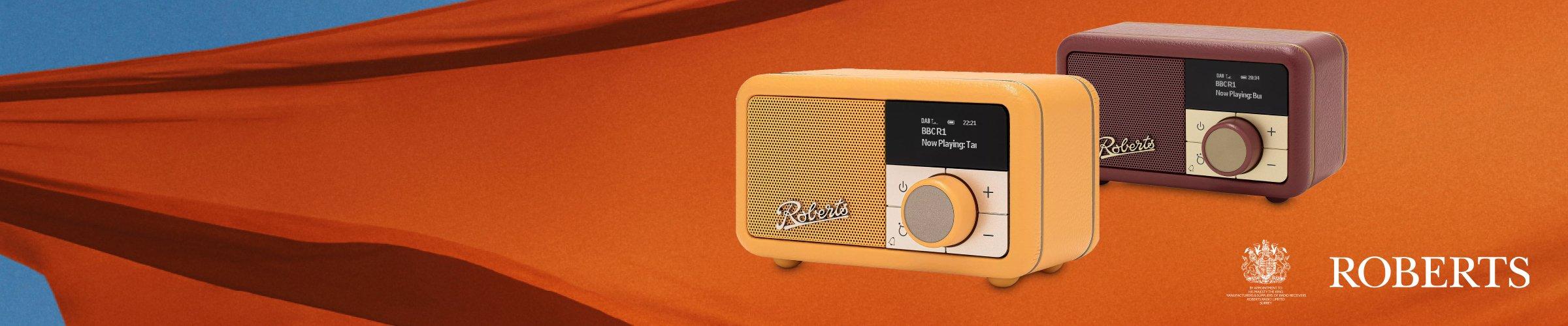 Image of a Roberts radio with an orange flag behind it