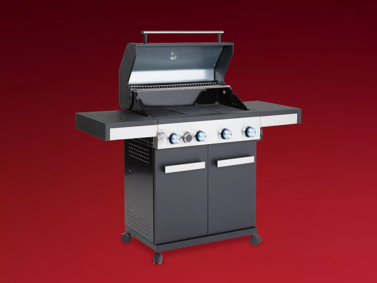 Black stainless steel gas barbecue grill with side shelves, four burners, and cabinet storage on wheels.