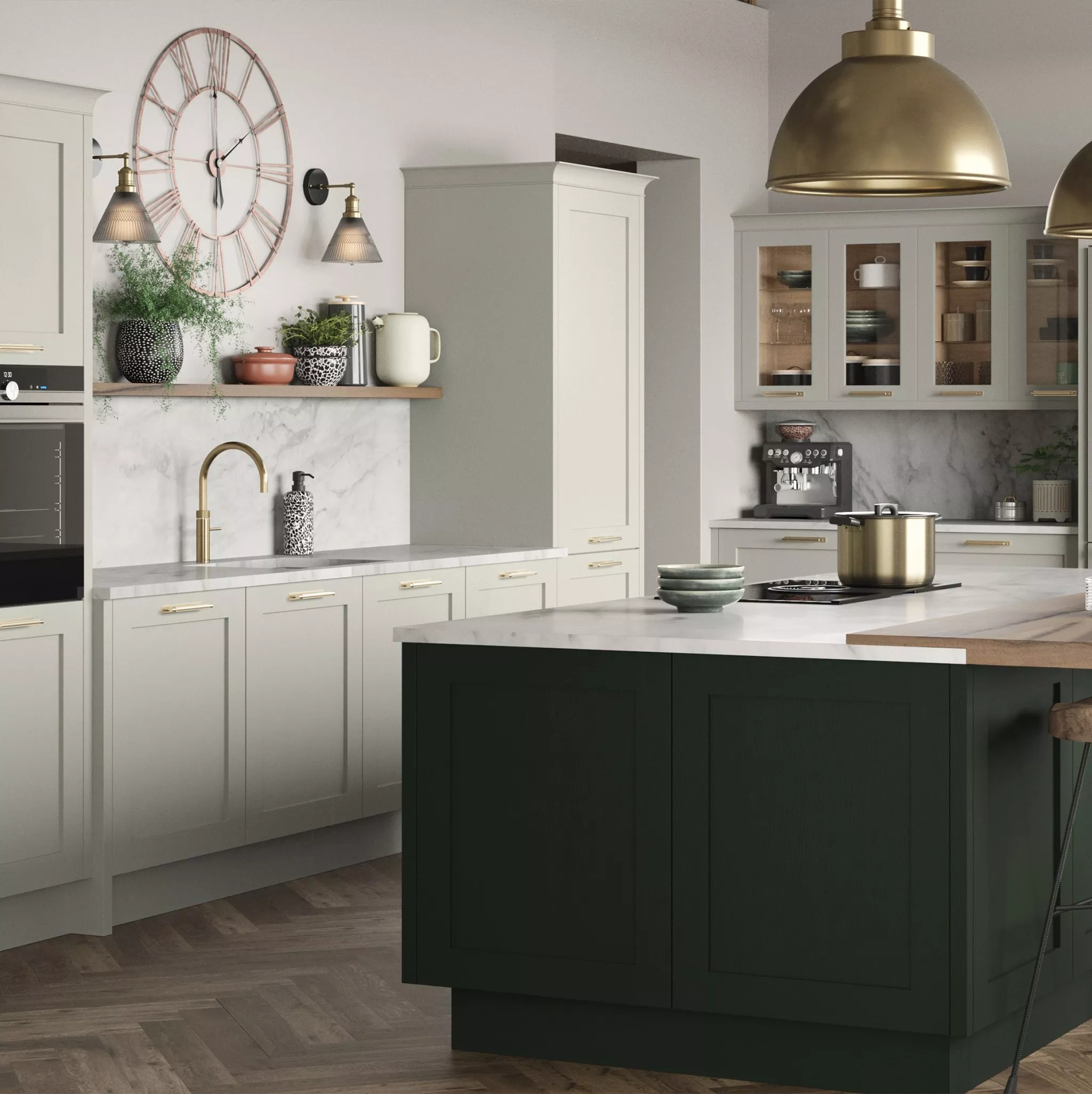 cream kitchen with dark green middle counter