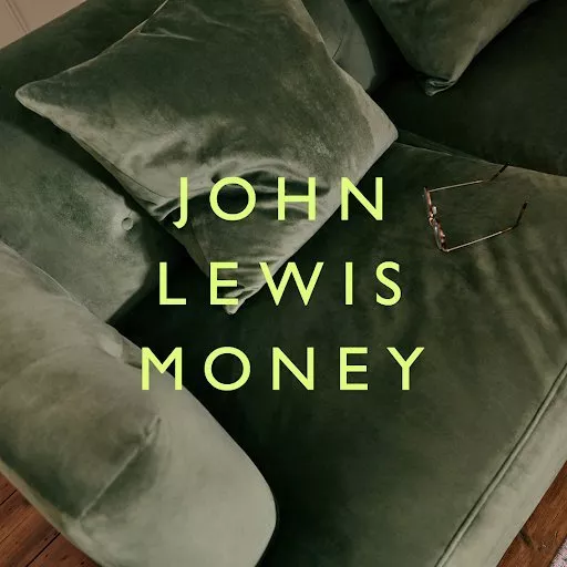 'John Lewis Money' written in green capital letters overlaying an image of a dark green plush sofa