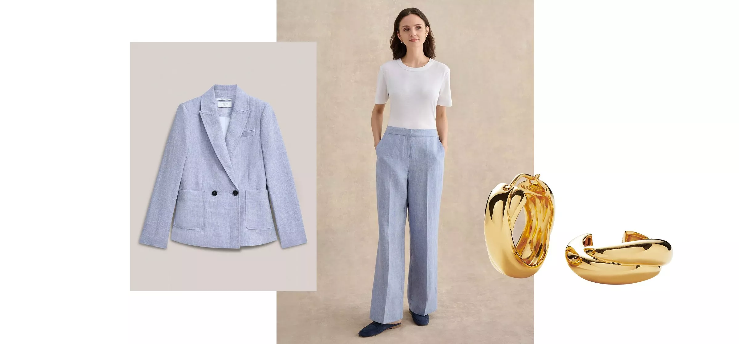 Light blue women’s linen blazer suit with double-breasted jacket and wide-leg trousers, styled for smart spring office wear