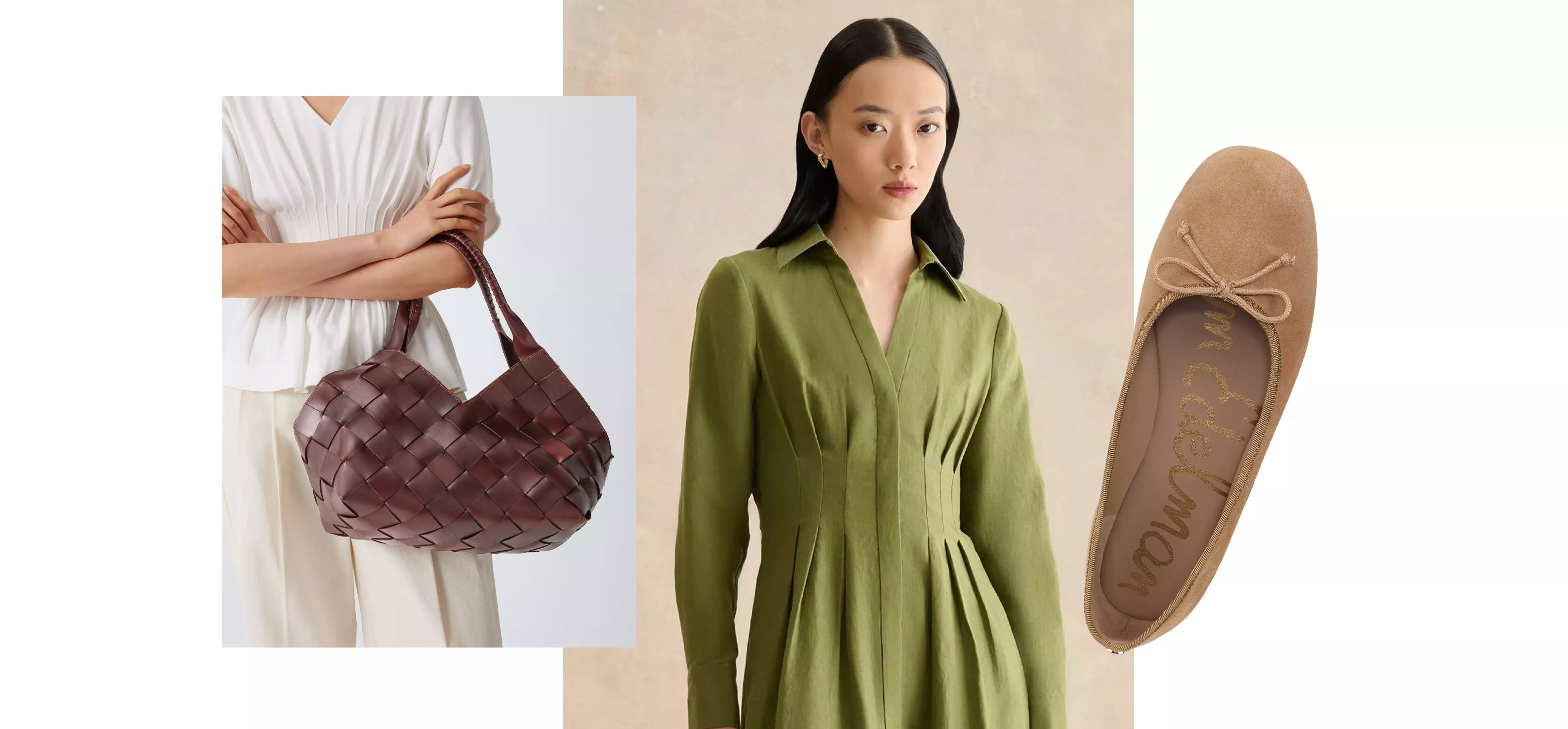 Collage of women’s summer fashion with striped linen dress, tan ballet flats and woven burgundy leather tote bag ensemble