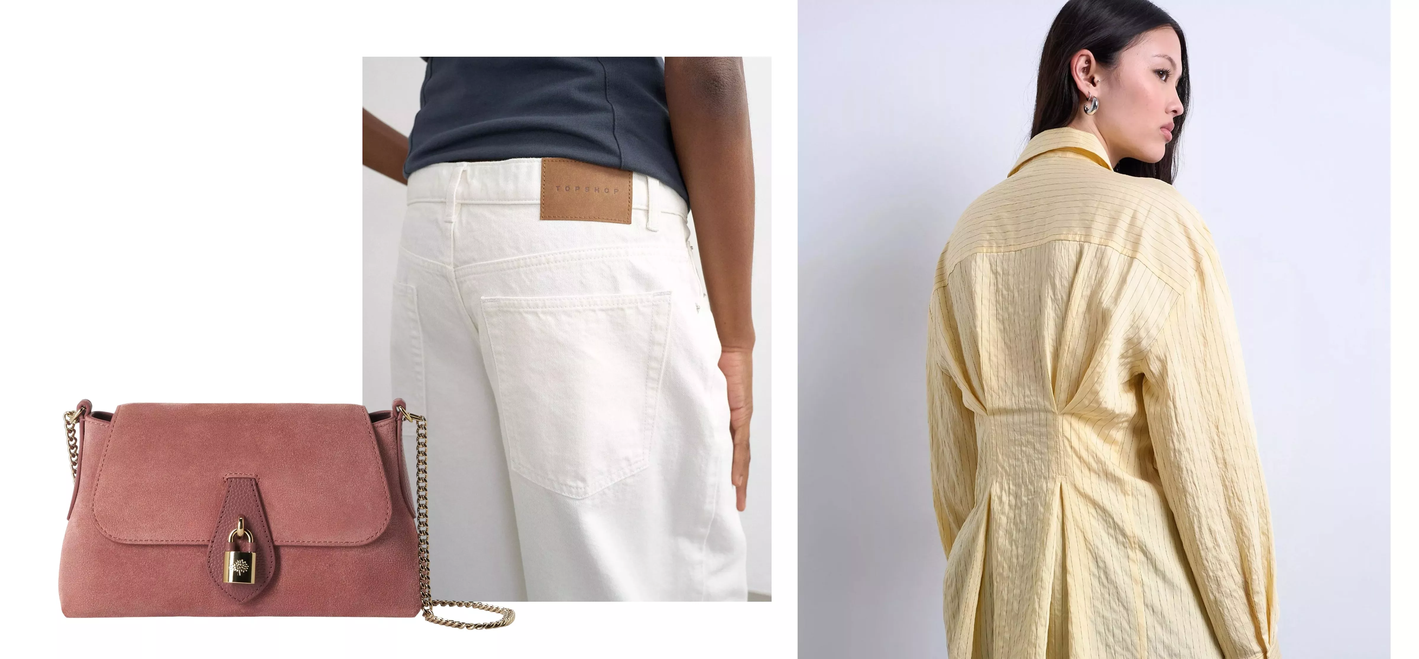Fashion collage with blue quilted handbag, white jeans and yellow textured shirt, minimalist womenswear styling
