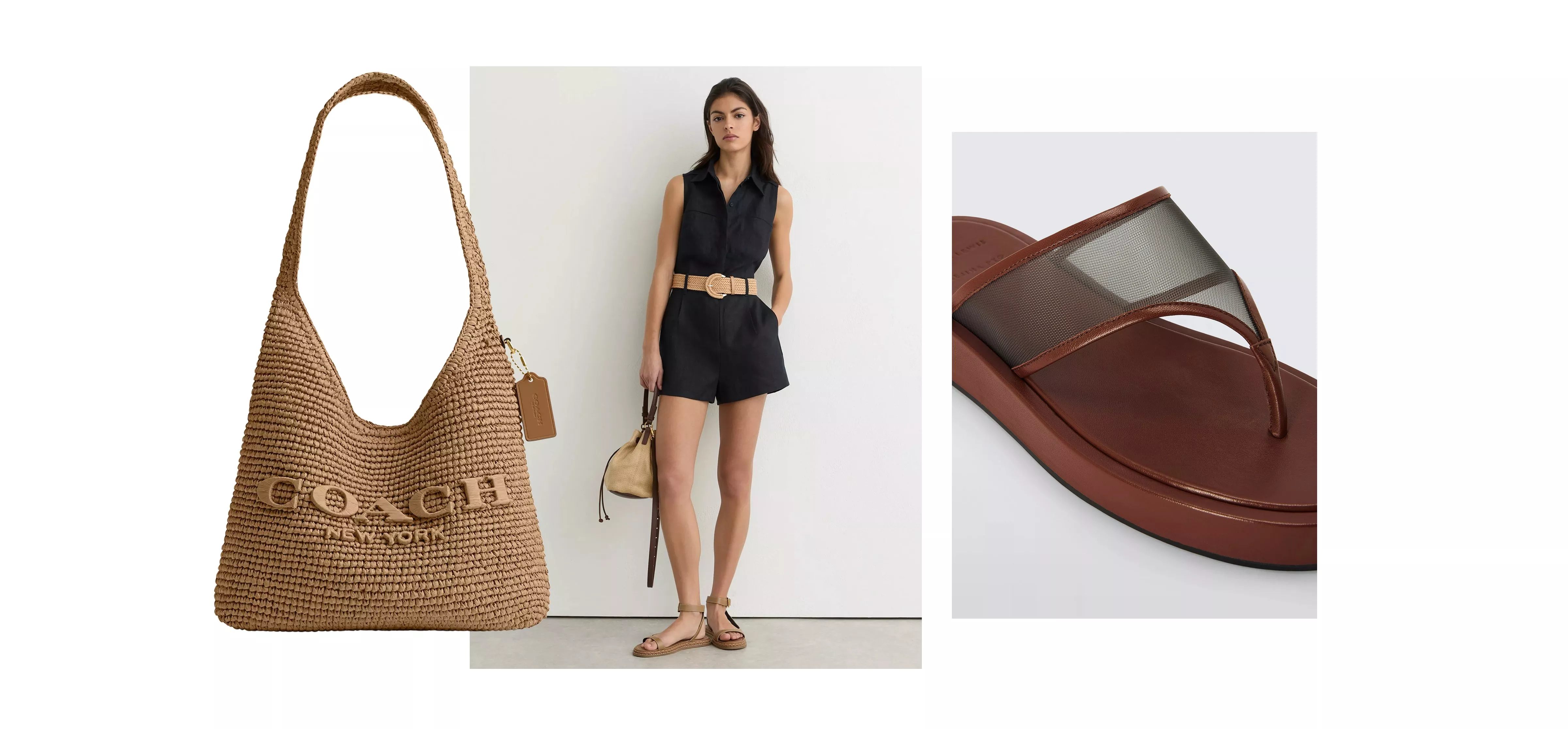 Flat lay of black playsuit with tan belt, straw Coach bag and Reiss sandals, plus model wearing the summer outfit