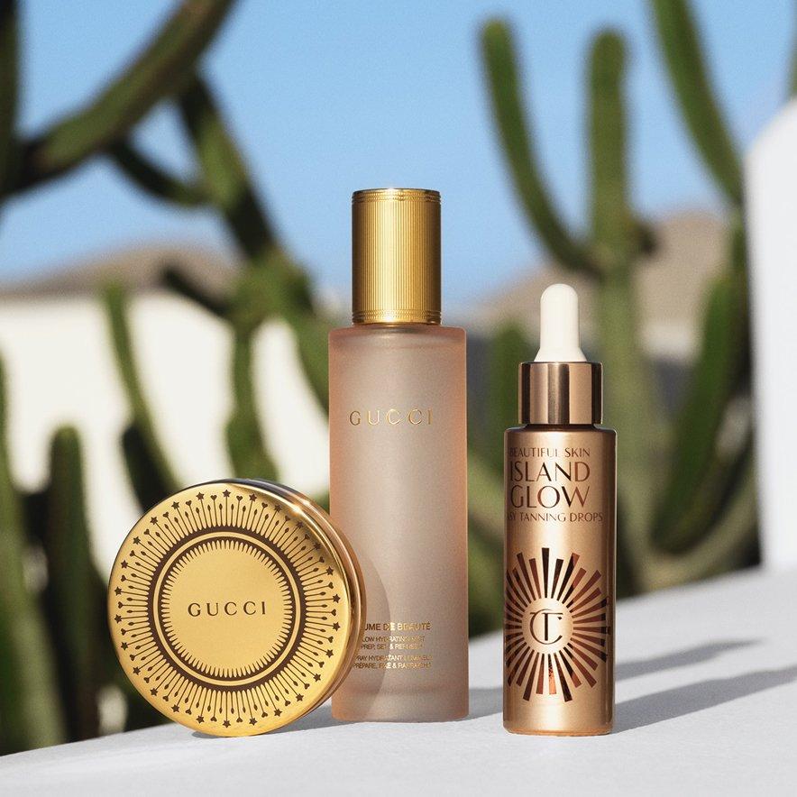 Beauty products from Gucci and Charlotte Tilbury on display outside