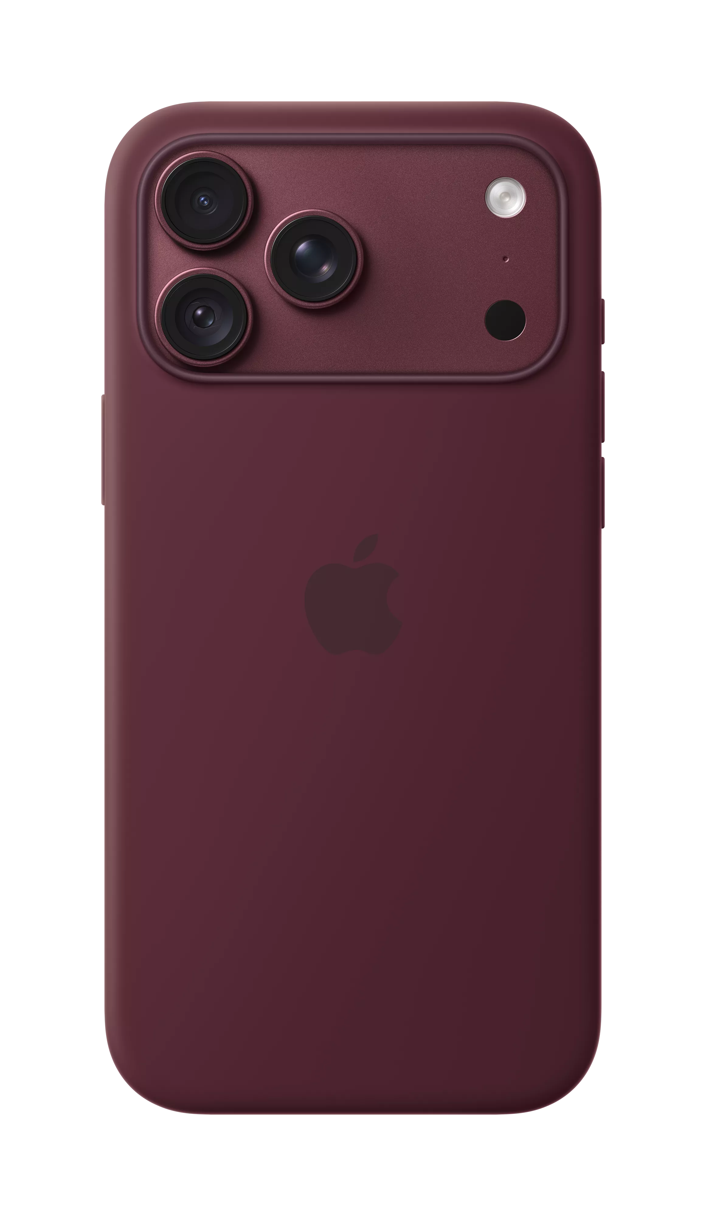 Rear view of burgundy Apple iPhone with triple camera lenses, flash and logo, isolated on black background