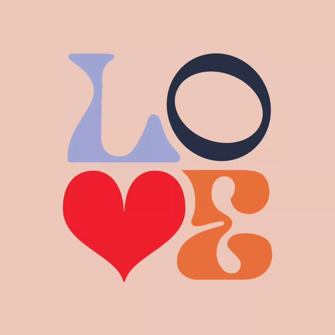 Colourful “LOVE” typographic graphic with red heart replacing the O, modern logo-style design on black background