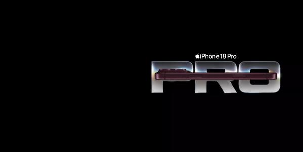 iPhone 18 Pro promo graphic with close-up of triple rear camera module on a burgundy Apple smartphone