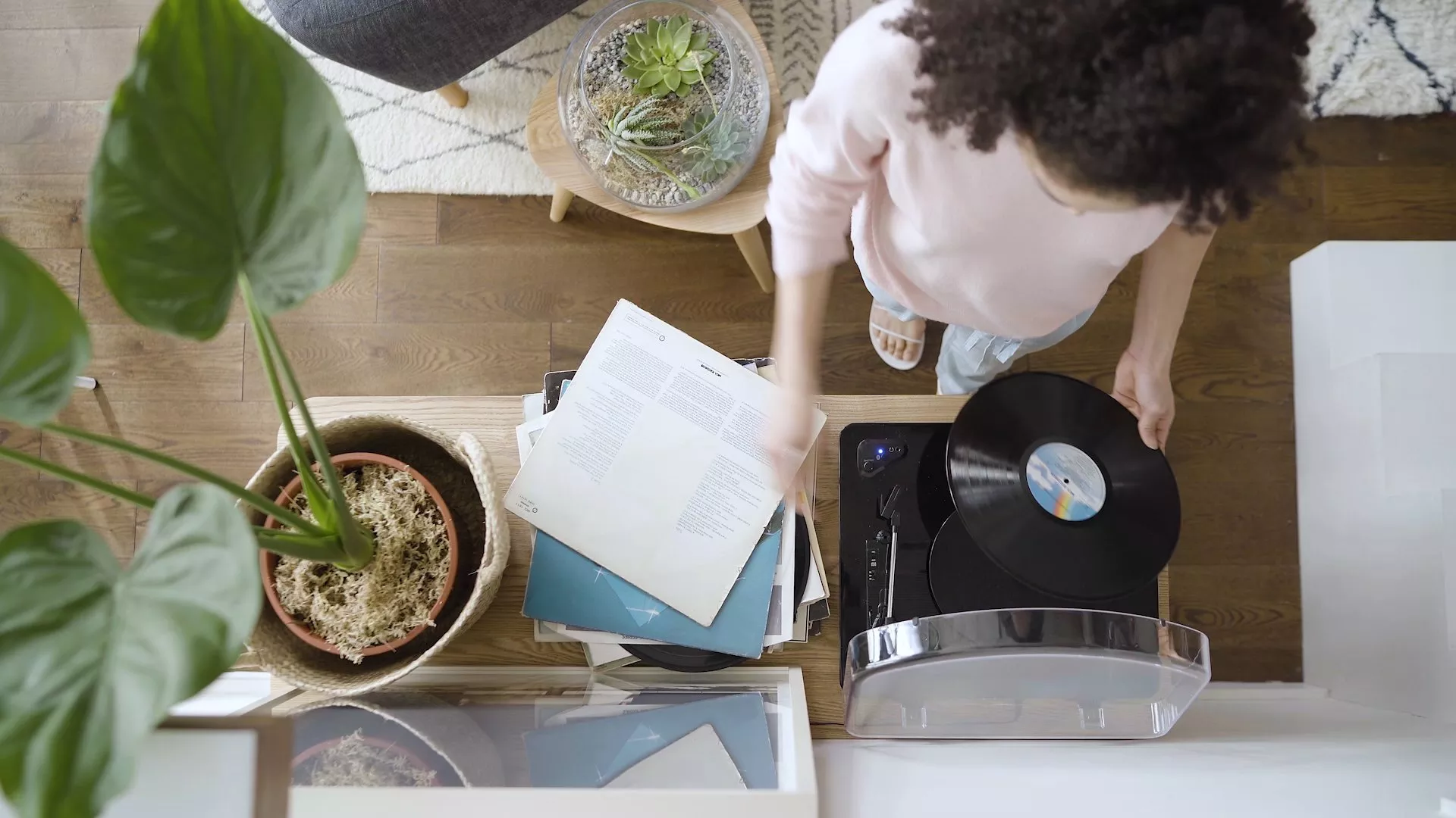 Top-down view of person selecting vinyl records by turntable in cosy living room with houseplants and albums