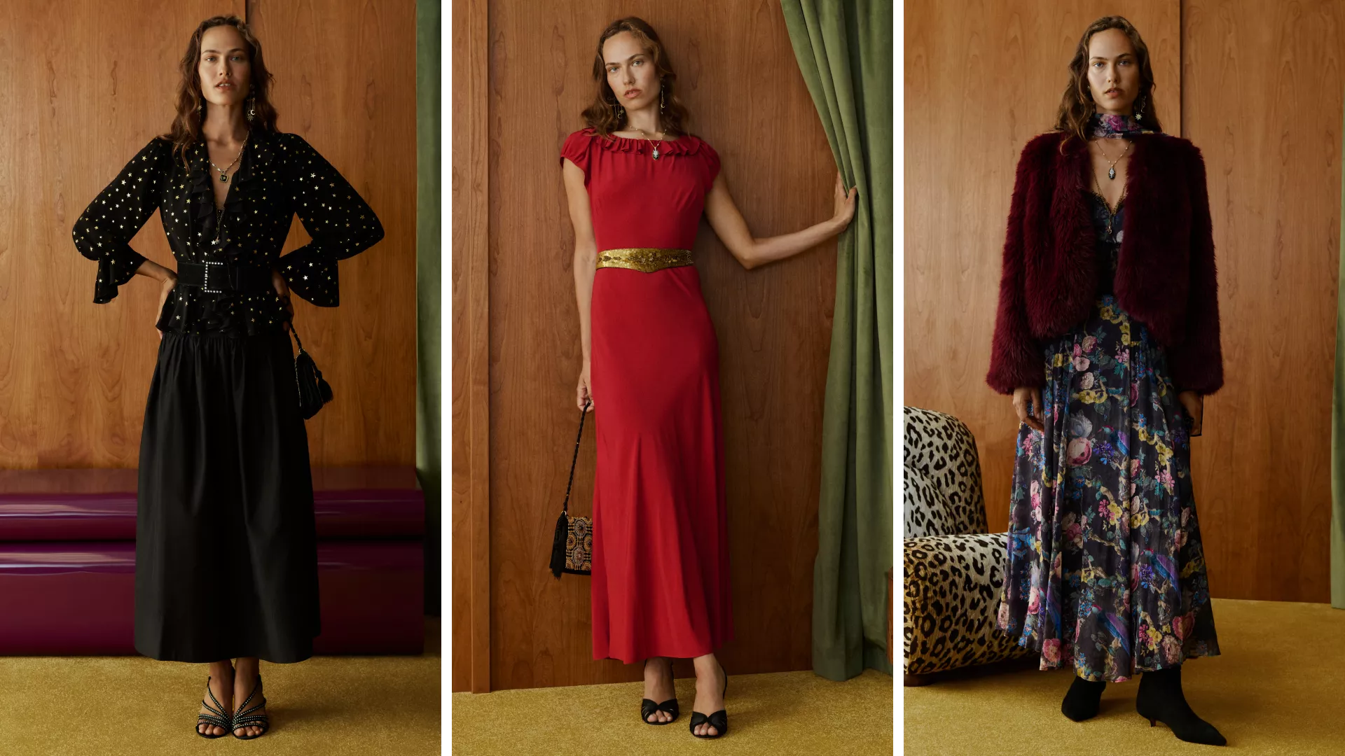 Fashion model in three outfits: black polka-dot blouse and black skirt, red maxi dress, floral dress with faux fur jacket