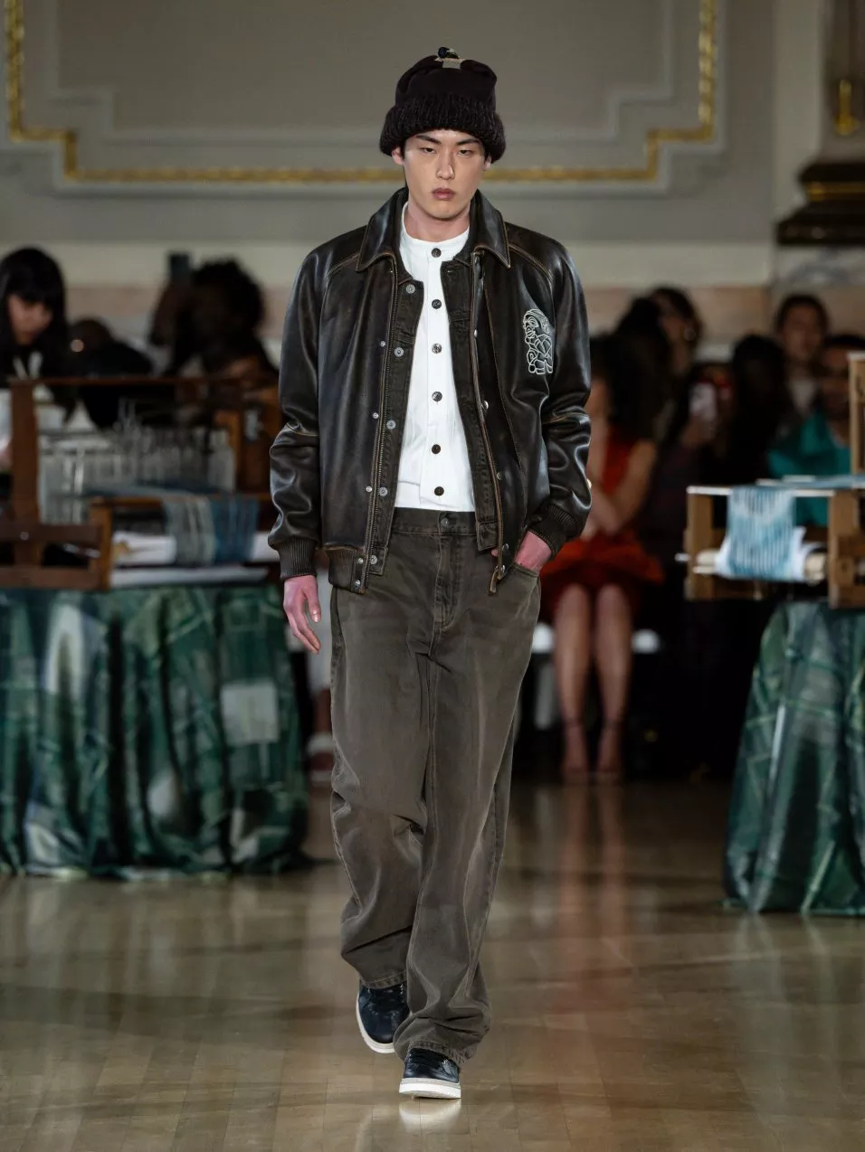 image of a model in london fashion week wearing labrum jeans and jacket