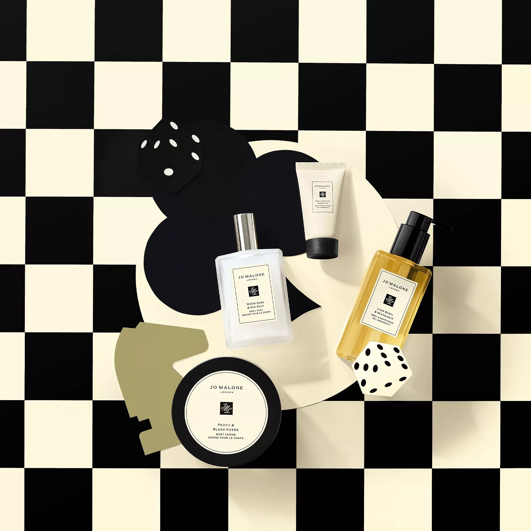 collection of Jo Malone London bath and body products on a checkered background