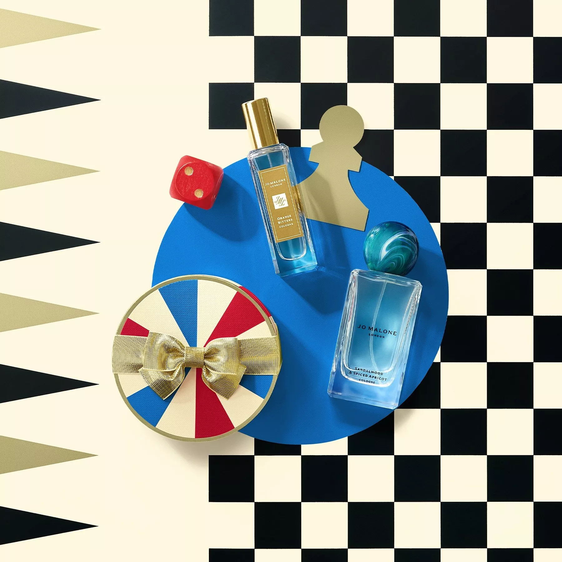 bottles of Jo Malone London fragrance on a checkered background