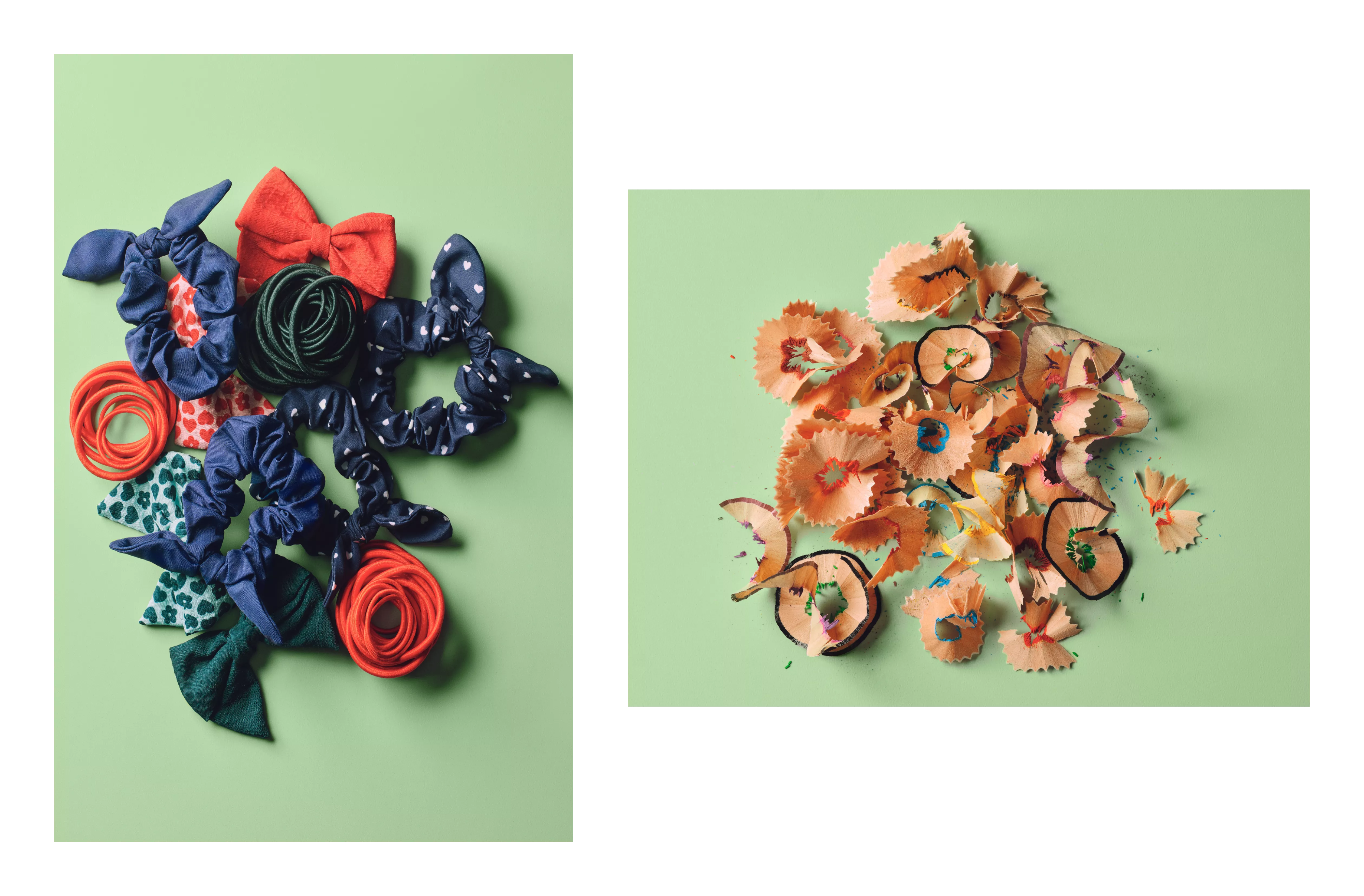 Hair scrunchies, bows and elastic bands beside pencil shavings on green background, sustainable lifestyle flat lay