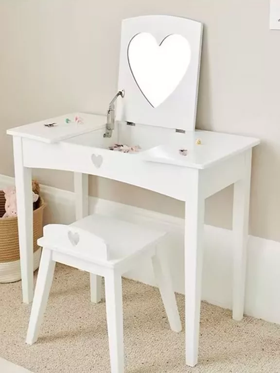 white kids vanity table with heart mirror