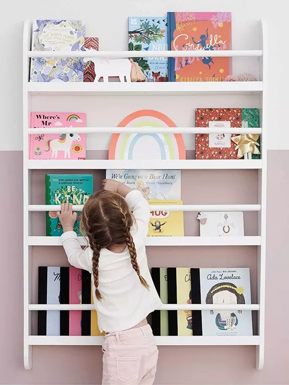 kids shelving unit mounted to the wall