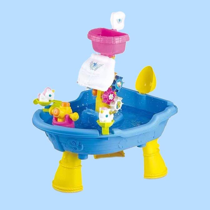 Colorful pirate ship-themed water play table for kids
