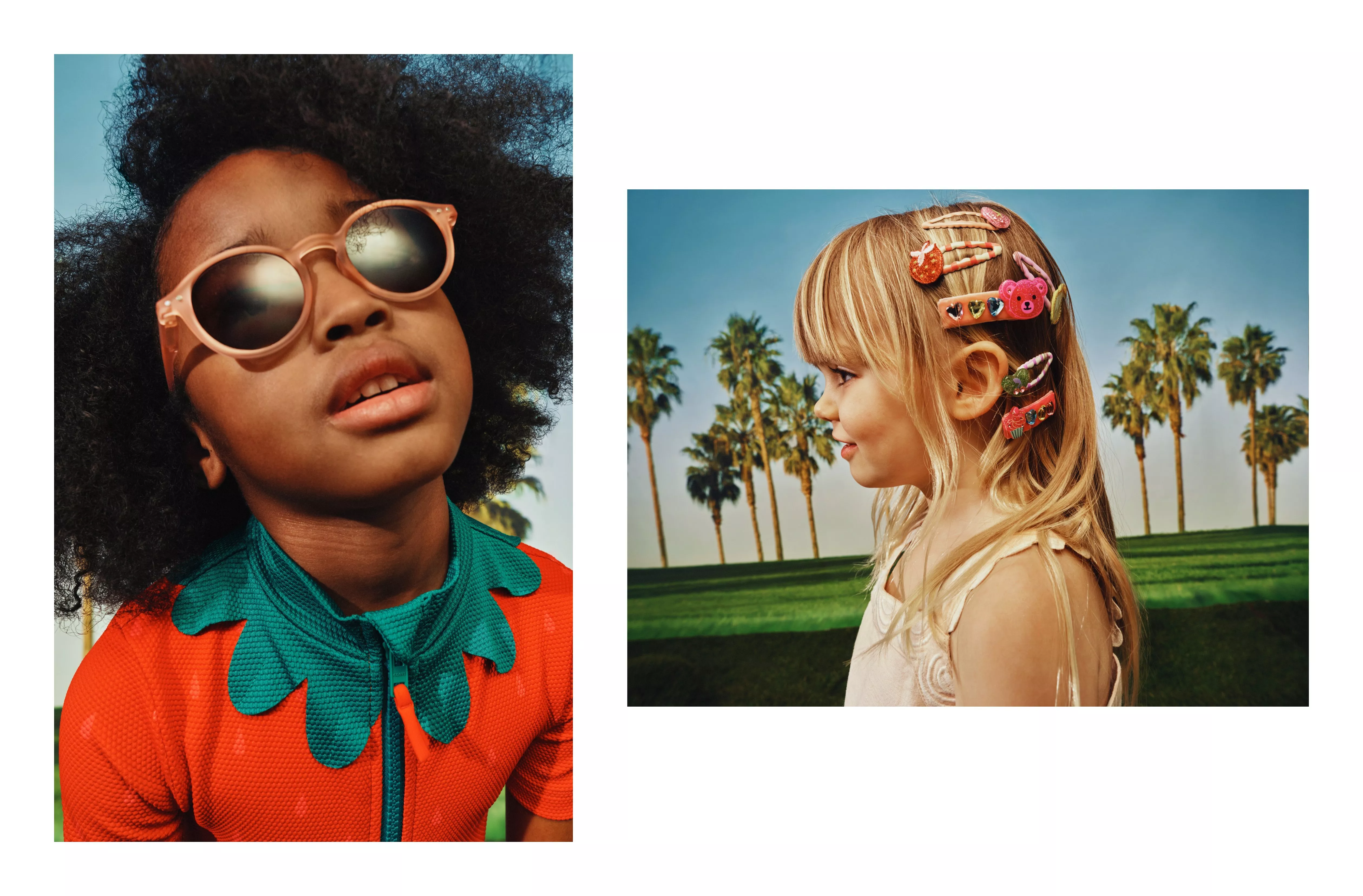Boy in sunglass and red top with green collar, and girl with hair clips